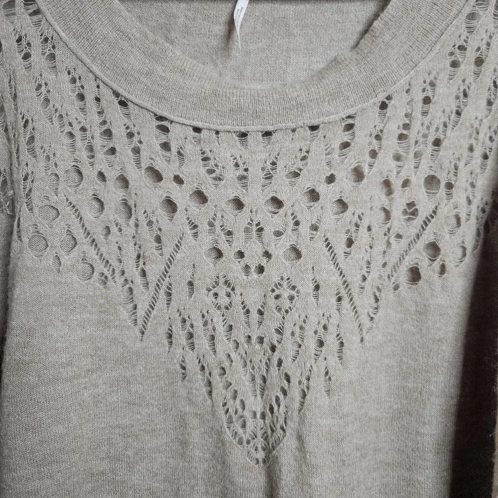 Free People Pointelle Sweater Beige Wool Blend Dolman Sleeve  S Cottagecore Boho
